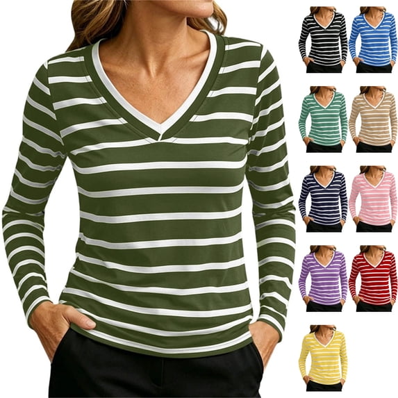 Women's Scrub Undershirt Long Sleeve Striped V Neck Slim Fit Soft Stretch Tee Base Layer Top for Nurses Fall Winter, Army Green, L