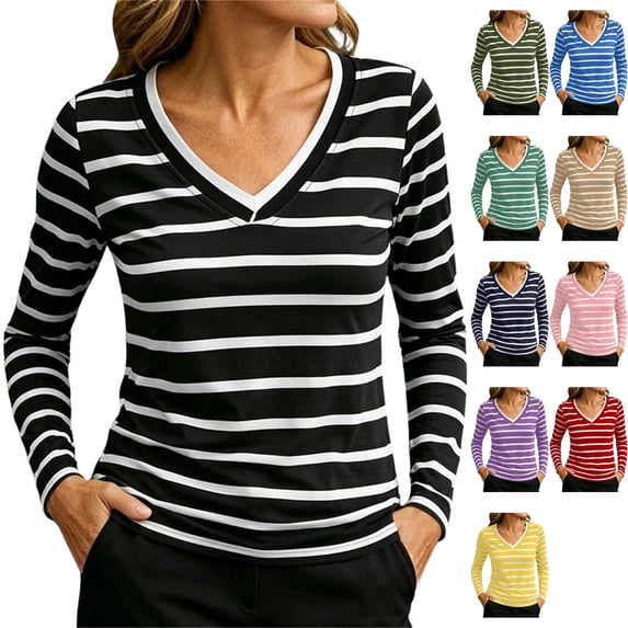 Women's Scrub Undershirt Long Sleeve Striped V Neck Slim Fit Soft Stretch Tee Base Layer Top for Nurses Fall Winter, Black, L