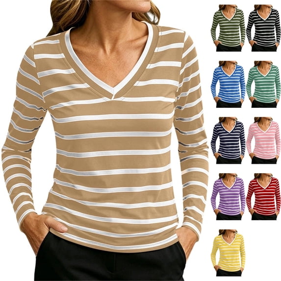 Women's Scrub Undershirt Long Sleeve Striped V Neck Slim Fit Soft Stretch Tee Base Layer Top for Nurses Fall Winter, Khaki, XL