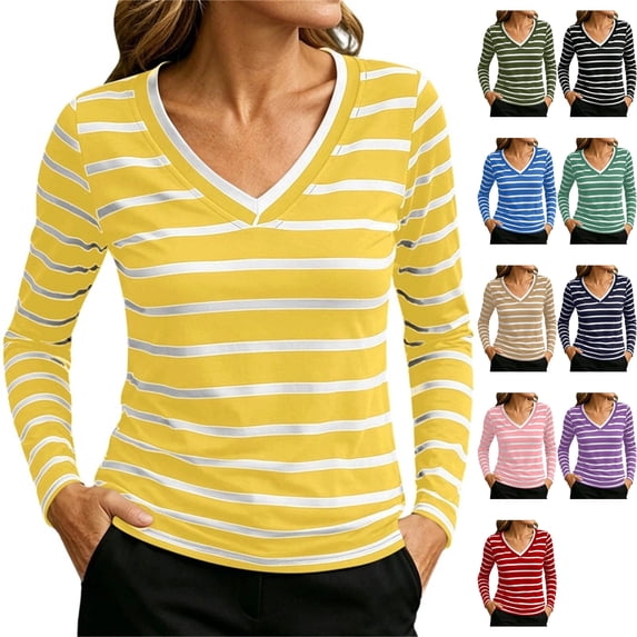 Women's Scrub Undershirt Long Sleeve Striped V Neck Slim Fit Soft Stretch Tee Base Layer Top for Nurses Fall Winter, Yellow, M