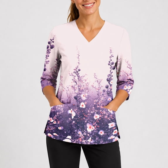 Women's Scrubs 3/4 Sleeve Plus Size Wrinkle-Resist Nurse Uniforms Fashion V Neck Floral Print Side Slits Scrub Tops Breathable Medical Workwear with Pockets Purple M