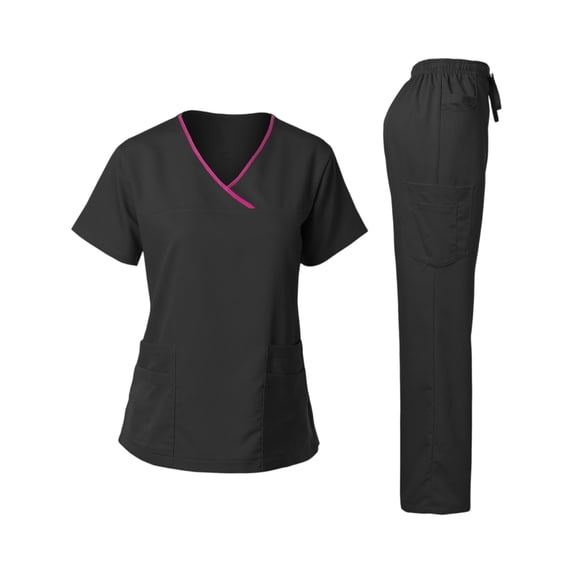 Women's Scrubs Healthcare Top,Long Sleeved Pants Sets with Pockets Black XL