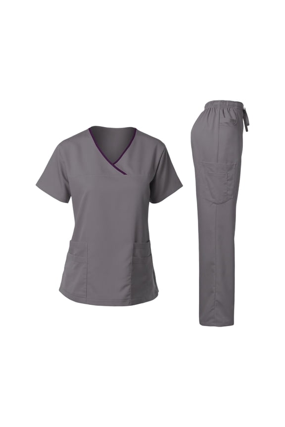 Women's Scrubs Healthcare Top,Long Sleeved Pants Sets with Pockets Gray M