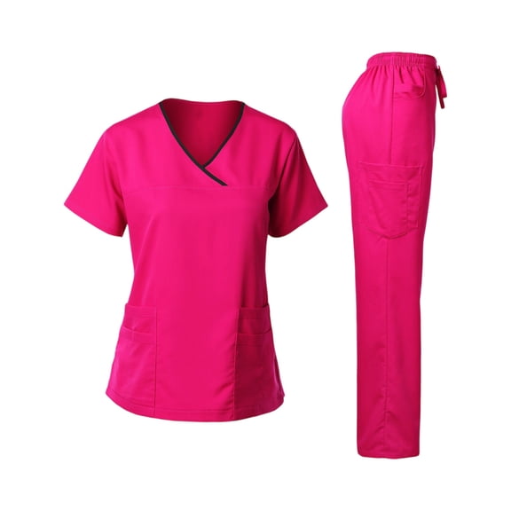 Women's Scrubs Healthcare Top,Long Sleeved Pants Sets with Pockets Hot Pink M