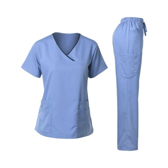 Women's Scrubs Healthcare Top,Long Sleeved Pants Sets with Pockets Light Blue S