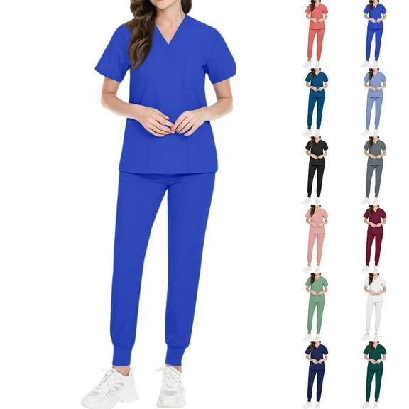 Women's Scrubs Healthcare Top, Short Sleeved Pants Sets Royal Blue S