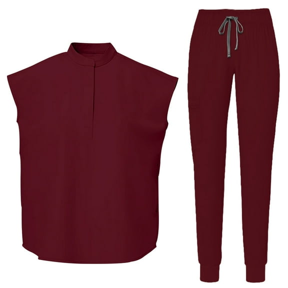 Women's Scrubs Healthcare Top, Short Sleeved Pants Sets Wine M