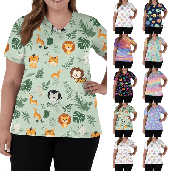 Women's Scrubs Printed Scrub Tops Plus Size Stretch Nursing Scrubs Fall Medical Workwear with Pockets Light Green XL