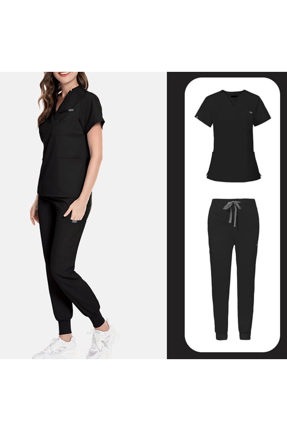 Women's Scrubs Quick Drying Ultra Soft Pocket short Top and Pants Womens Scrub Sets Black XS
