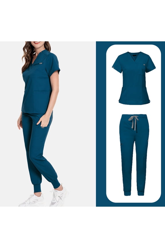Women's Scrubs Quick Drying Ultra Soft Pocket short Top and Pants Womens Scrub Sets Blue S