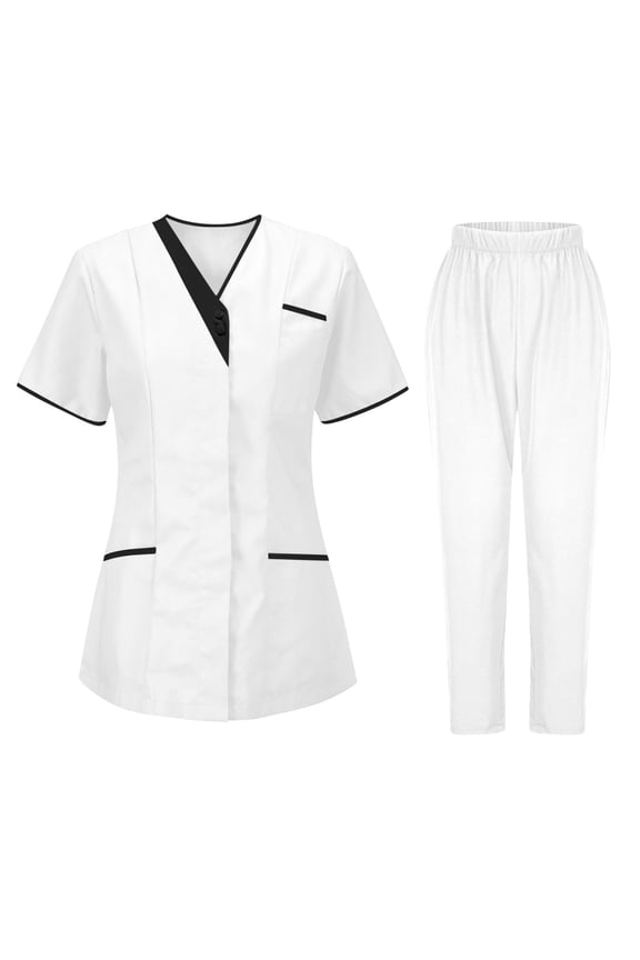 Women's Scrubs Set Color Block Mock Wrap Tops & Pull-On Pants Performance 4-Way Stretch Wrinkle Free Housekeeping Nursing Uniform for Spa Esthetician Dental Assistant