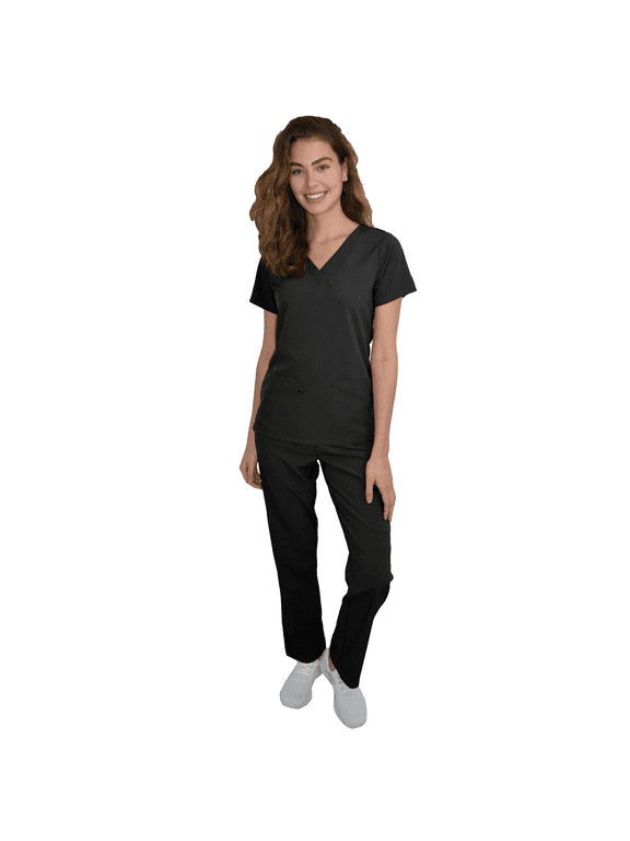 Women's Scrubs Set Medical Uniform Comfortable V-Neck Top and Cargo Pant Set with Pockets, Breathable Cool Scrubs Stretch 93 Polyester/7 Spandex, L Size, Black