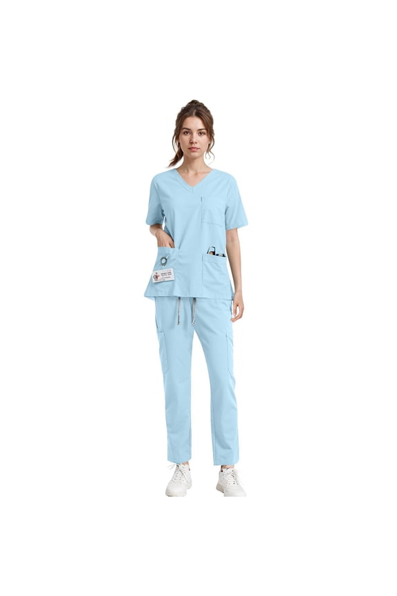 Women's Scrubs Set Quick Dry Solid V-Neck Short Sleeve Top & Pants Nurse Uniform with Pockets for Healthcare Workers Blue 2XL