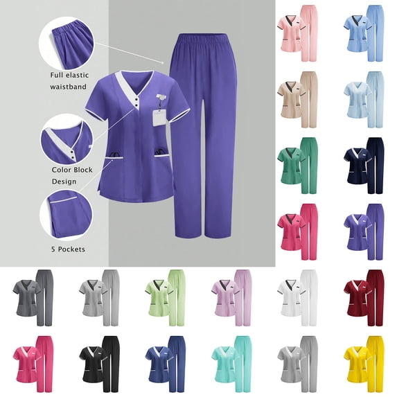Women's Scrubs Set, V-Neck Contrast Trim Short Sleeve Top & Elastic Waist Pants, Professional Medical Uniform for Nurses, Healthcare Workers, Clinic Staff & Caregivers, Sizes S-3XL