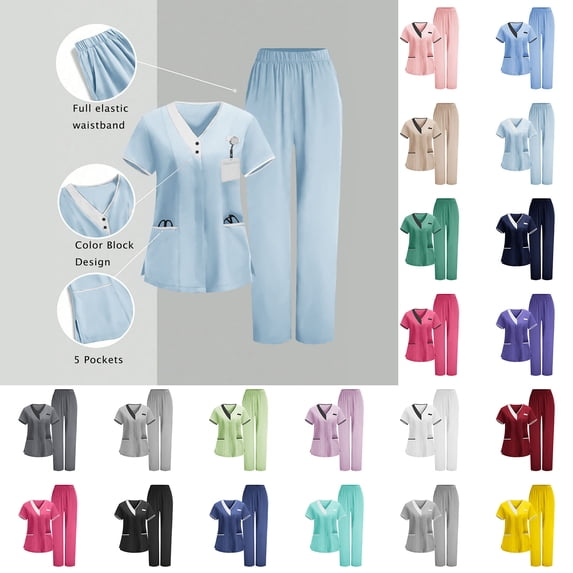 Women's Scrubs Set, V-Neck Contrast Trim Short Sleeve Top & Elastic Waist Pants, Professional Medical Uniform for Nurses, Healthcare Workers, Clinic Staff & Caregivers, Sizes S-3XL