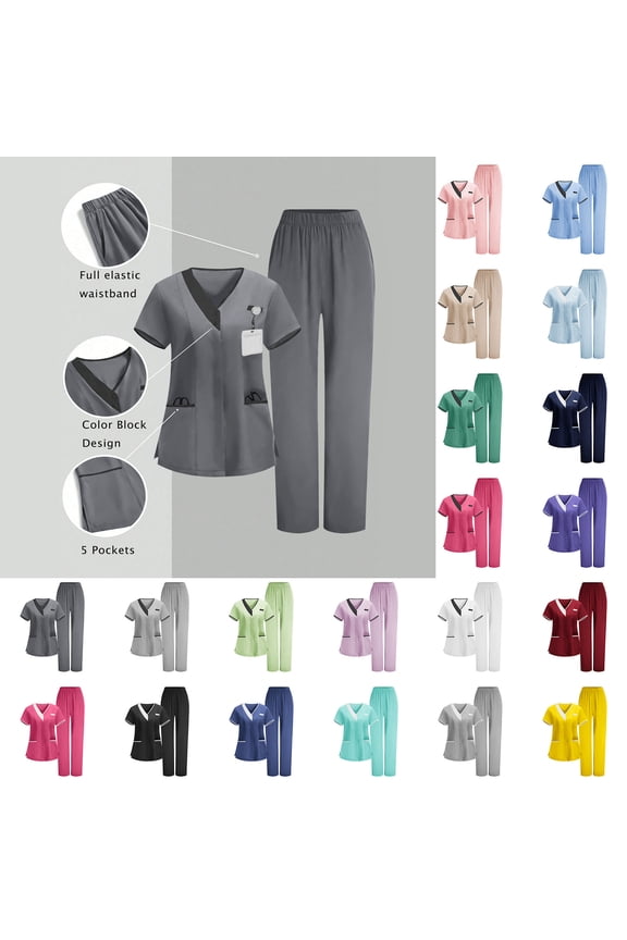 Women's Scrubs Set, V-Neck Contrast Trim Short Sleeve Top & Elastic Waist Pants, Professional Medical Uniform for Nurses, Healthcare Workers, Clinic Staff & Caregivers, Sizes S-3XL