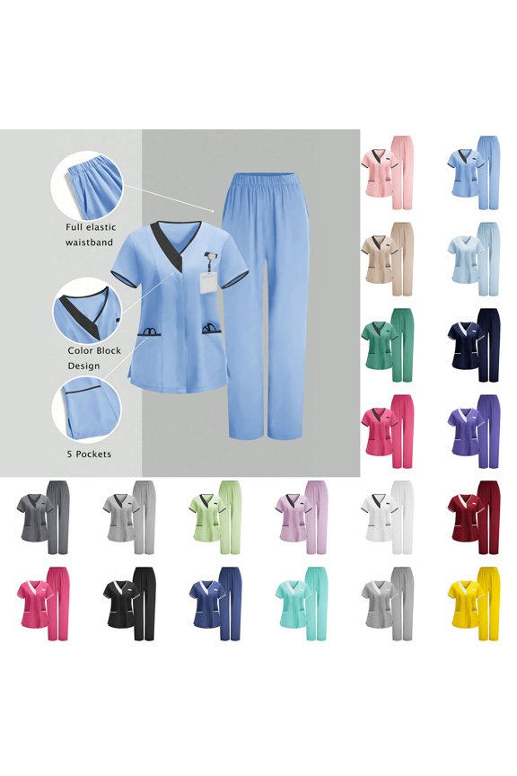 Women's Scrubs Set, V-Neck Contrast Trim Short Sleeve Top & Elastic Waist Pants, Professional Medical Uniform for Nurses, Healthcare Workers, Clinic Staff & Caregivers, Sizes S-3XL