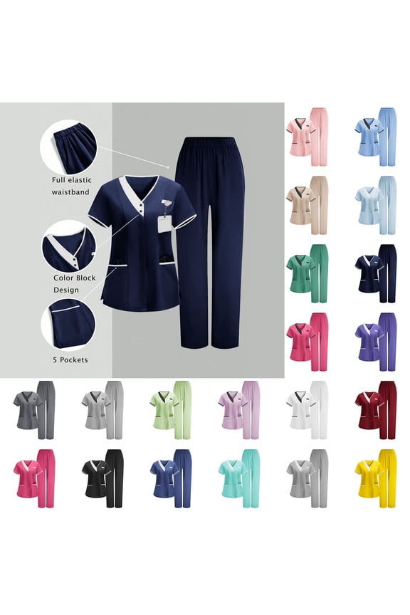 Women's Scrubs Set, V-Neck Contrast Trim Short Sleeve Top & Elastic Waist Pants, Professional Medical Uniform for Nurses, Healthcare Workers, Clinic Staff & Caregivers, Sizes S-3XL