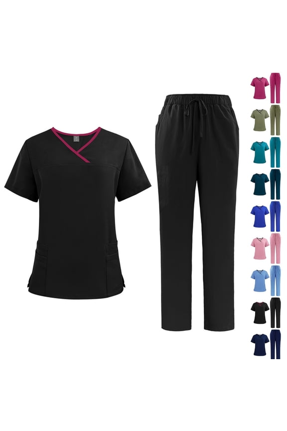 Women's Scrubs Set V-Neck Top with Contrast Trim Pockets & Straight Leg Pants Quick Dry Breathable Medical Workwear for Nurses Doctors Hospital Staff Uniform Black M