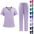 thumbnail image 1 of Women's Scrubs Set V-Neck Top with Contrast Trim Pockets & Straight Leg Pants Quick Dry Breathable Medical Workwear for Nurses Doctors Hospital Staff Uniform Light Purple XL, 1 of 6