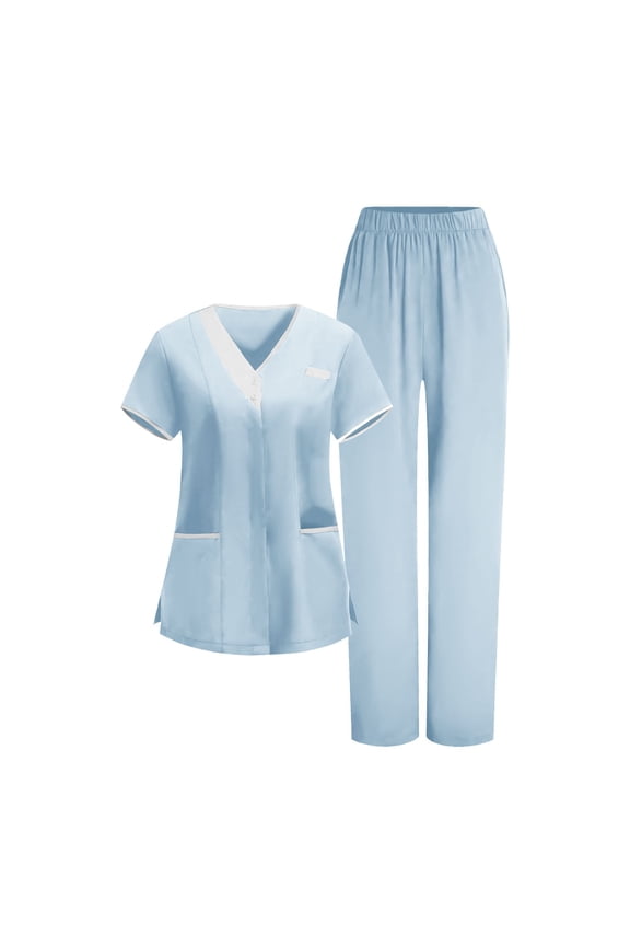 Women's Scrubs Sets Short Sleeve V-Neck Top & Pull-On Elastic Waist Pants, Modern Fit Straight Legs Breathable Wrinkle-Free Nursing Uniform for Dental, Spa, Esthetician Workwear