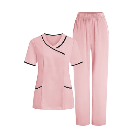 Women's Scrubs Sets Soft V-Neck Tops & Straight Leg Pants 2 Pieces Housekeeping Uniform Set with 5 Pockets