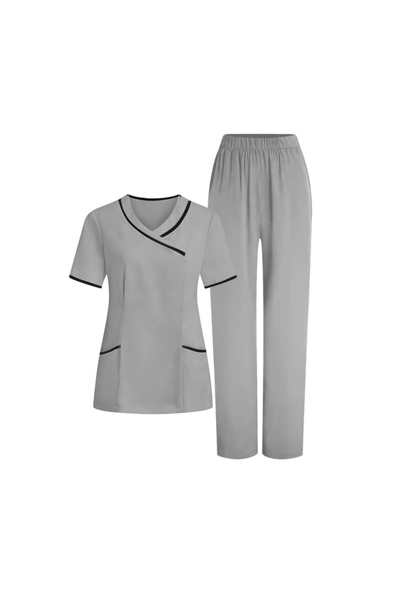 Women's Scrubs Sets Soft V-Neck Tops & Straight Leg Pants 2 Pieces Housekeeping Uniform Set with 5 Pockets