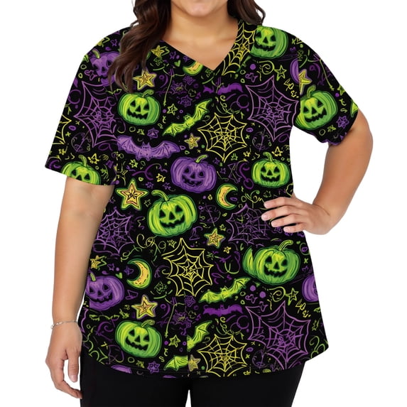 Women's Scrubs V-Neck Halloween Scrub Top, Comfort Fit, Short Sleeve