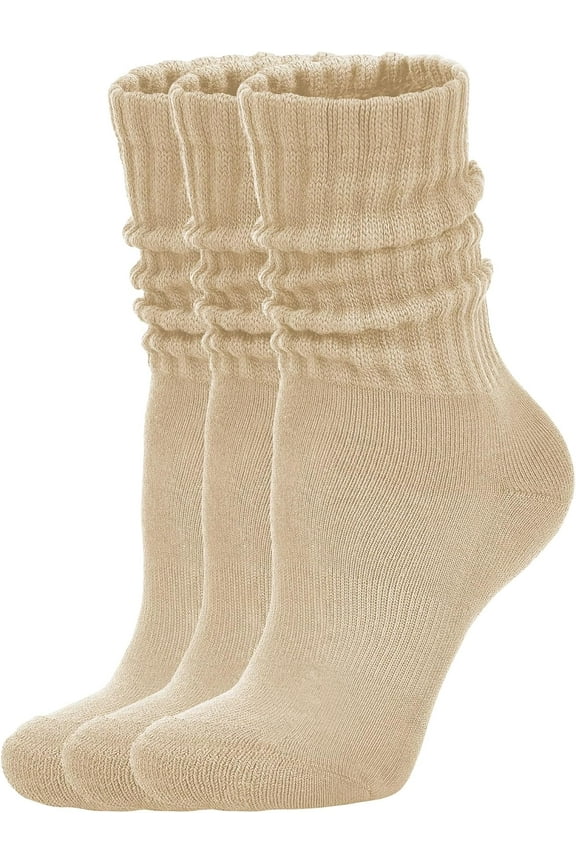 Women's Scrunch Crew Socks Retro 3-Pack Solid Cotton Boot Calf Socks Chunky Ribbed Cozy Slouchy Socks Size 5-11(Beige)