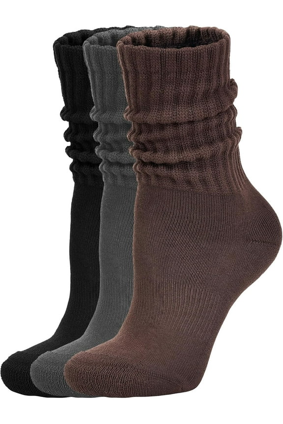 Women's Scrunch Crew Socks Retro 3-Pack Solid Cotton Boot Calf Socks Chunky Ribbed Cozy Slouchy Socks Size 5-11,Black/Brown/Dark Grey