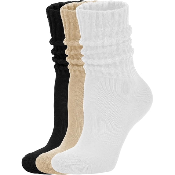 Women's Scrunch Crew Socks Retro 3-Pack Solid Cotton Boot Calf Socks Chunky Ribbed Cozy Slouchy Socks Size 5-11(White/Black/Beige)