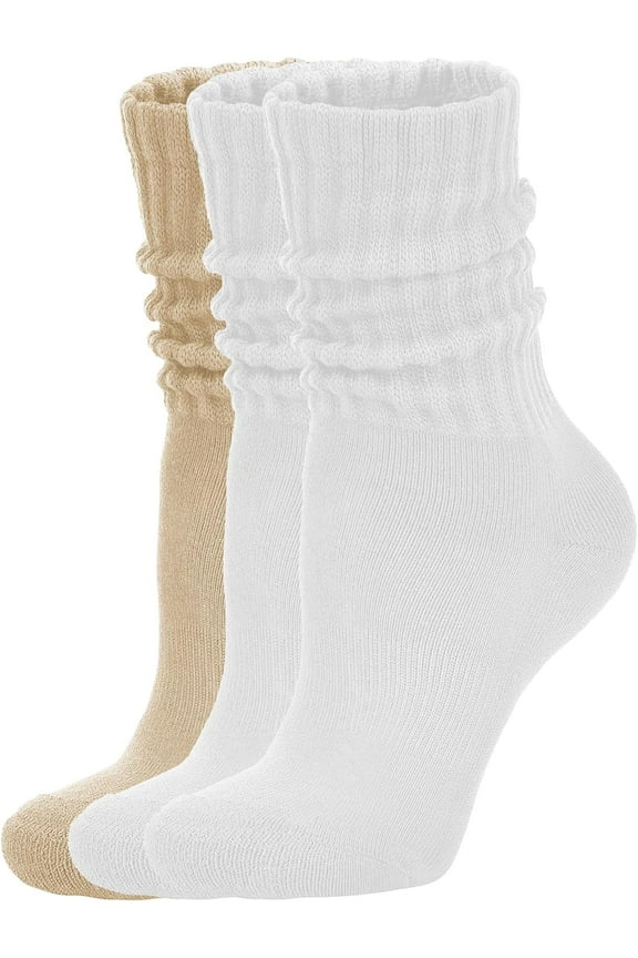 Women's Scrunch Crew Socks Retro 3-Pack Solid Cotton Boot Calf Socks Chunky Ribbed Cozy Slouchy Socks Size 5-11(White/White/Beige)