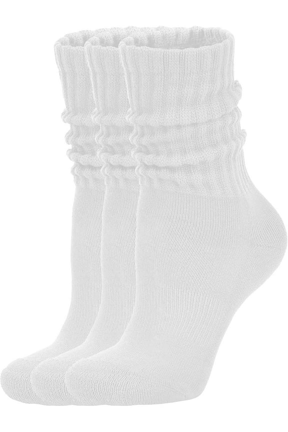 Women's Scrunch Crew Socks Retro 3-Pack Solid Cotton Boot Calf Socks Chunky Ribbed Cozy Slouchy Socks Size 5-11,White
