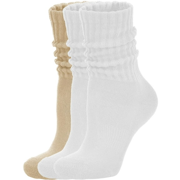 Women's Scrunch Crew Socks Retro 3-Pack Solid Cotton Boot Calf Socks Chunky Ribbed Cozy Slouchy Socks Size 5-11
