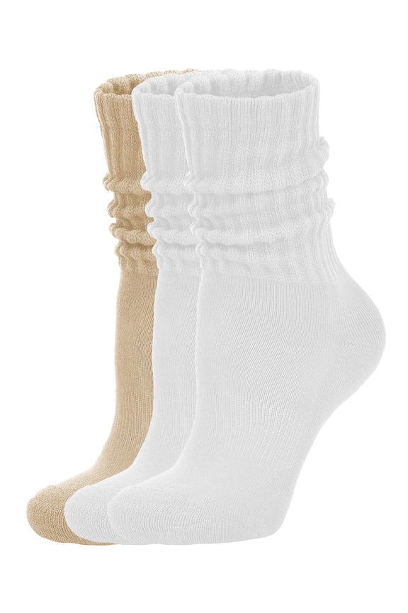Women's Scrunch Crew Socks Retro 3-Pack Solid Cotton Boot Calf Socks Chunky Ribbed Cozy Slouchy Socks Size 5-11