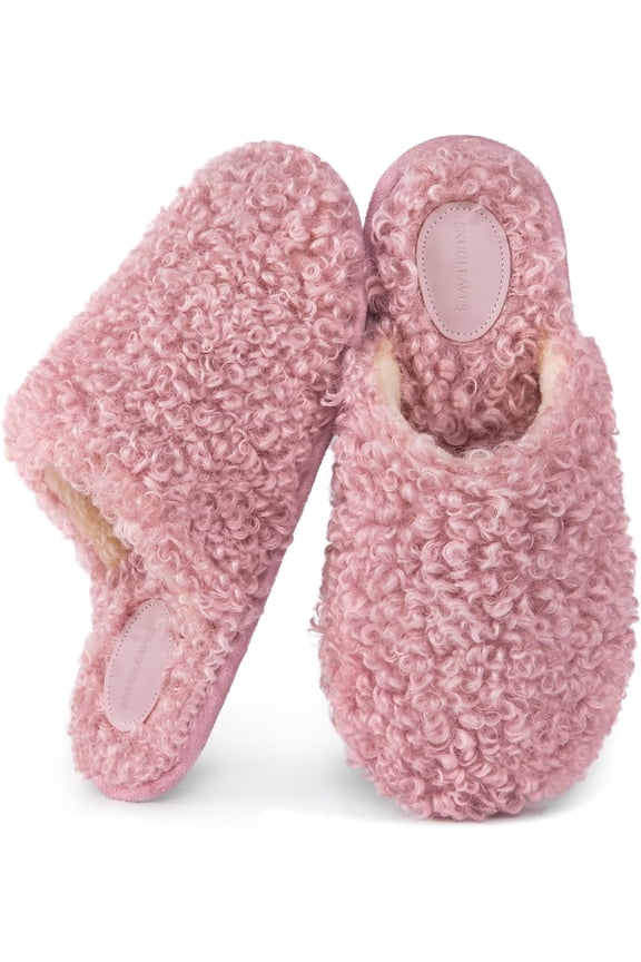Women's Scuff Slippers Furry Cute Curly Faux Wool Slip-on Indoor Memory Foam House Shoes