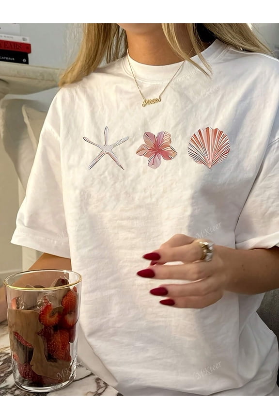 Women's Sea Elements Starfish Flower Shell Printed Short Sleeve T Shirt