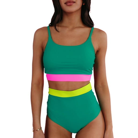 Women's Sea Green Contrast Trim Colorblock High Waisted Bikini Set | [ZhiHiMeRi] | (US 18-20)2XL