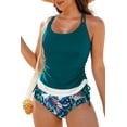 thumbnail image 1 of Women's Sea Green Drawstring Tummy Control 2-Piece Tankini Swimsuit with Floral Shorts | [ZhiHiMeRi] | (US 18-20)2XL, 1 of 12