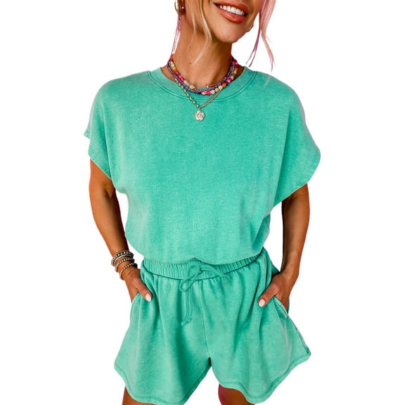 Women's Sea Green Mineral Wash Drawstring Waist Short Sleeve Romper with Hollow Out Back - [ZhiHiMeRi] | (US 12-14)L