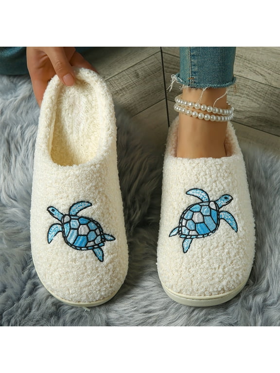 Women's Sea Turtle Embroidery Slippers, Cute Fuzzy Slippers Women with Memory Foam, Indoor Outdoor House Slippers for Women