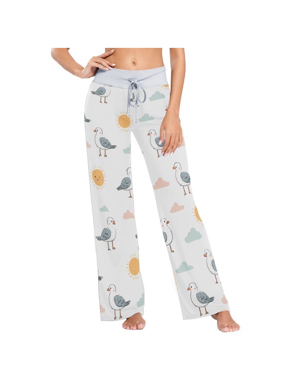 Women's Seagull Cloud Sun Comfy Stretch Wide Leg Pajama Pants, Drawstring Waist Casual Lounge Pants