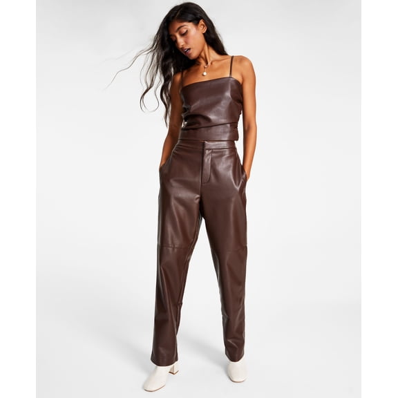 Women's Seamed Straight-Leg Elastic-Back Pants Brown S