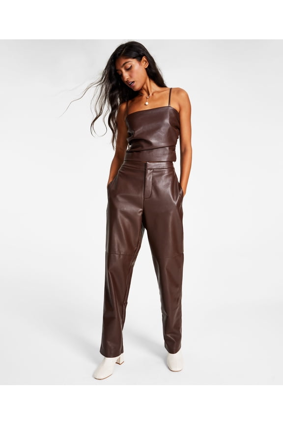 Women's Seamed Straight-Leg Elastic-Back Pants Brown XS