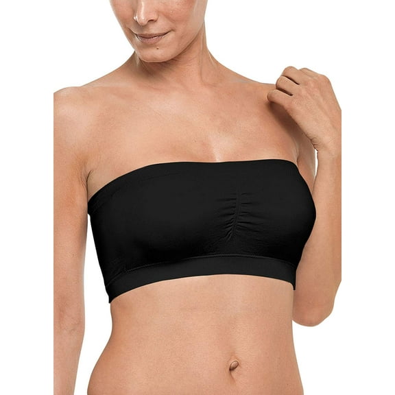 Women’s Seamless Bandeau Bra, Strapless Padded Tube Top Bra FREE Eyeglass Pouch (Black, XL)