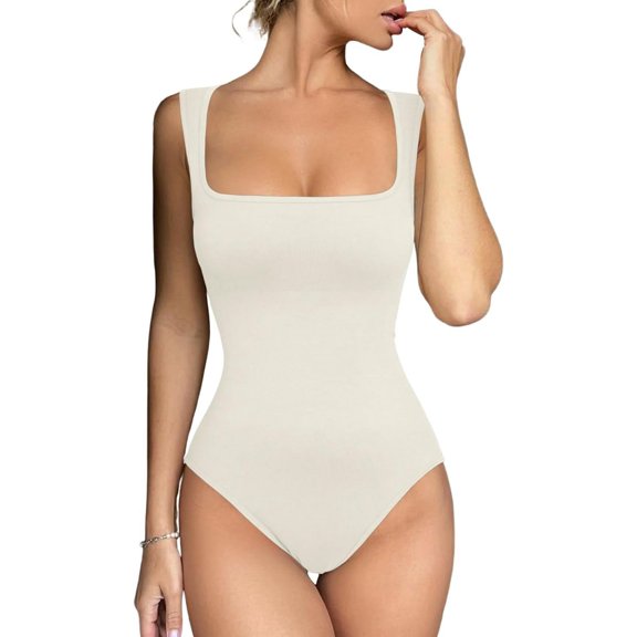 Women's Seamless Bodysuit Square Neck Sleeveless Tapered Shoulder Straps Tank Tops Summer