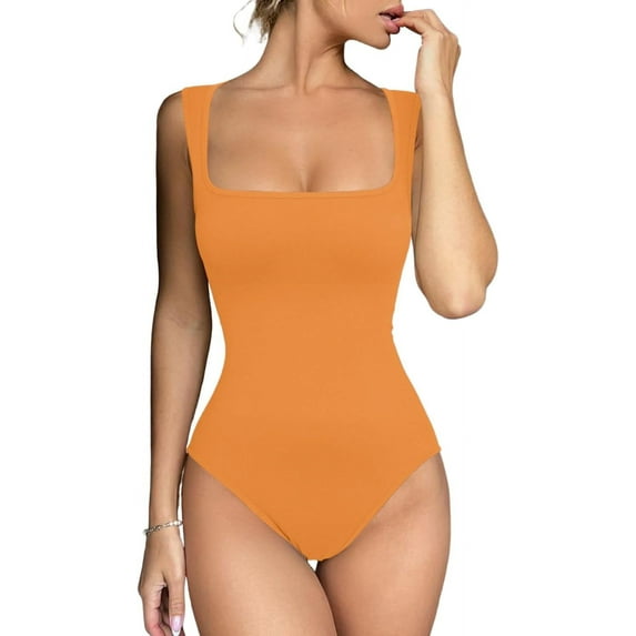 Women's Seamless Bodysuit Square Neck Sleeveless Tapered Shoulder Straps Tank Tops Summer