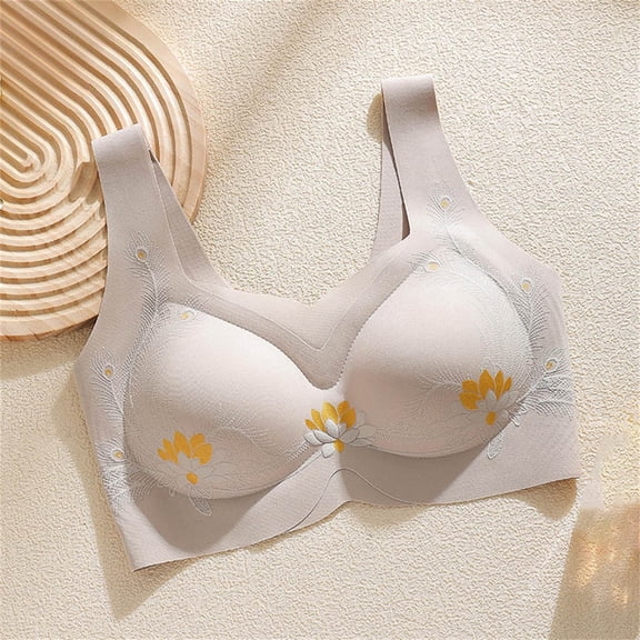 Women's Seamless Bra Breathable Floral Print Underwear Comfort No Underwire Bra Daily Bra Gray M