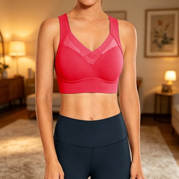 Women's Seamless Bras JIANLAI Women's V Neck Mesh Panel Sports Bra, Wide Strap High Support Workout Bra, Wirefree Padded Fitness Bra for Yoga Running Gym