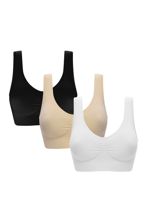 3 Pack Women's Seamless Wirefree Sport Bra, Full Coverage Low-Impact Workout Bra with Removable Pads for Daily Wear,Beige+White+Black(L)